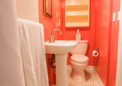 Parallel Patterned Flooring with Contrast Walls Bathroom Modeling