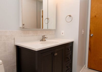 Cozy with Dark Brown Wooden Table Sink and Floor Modeling